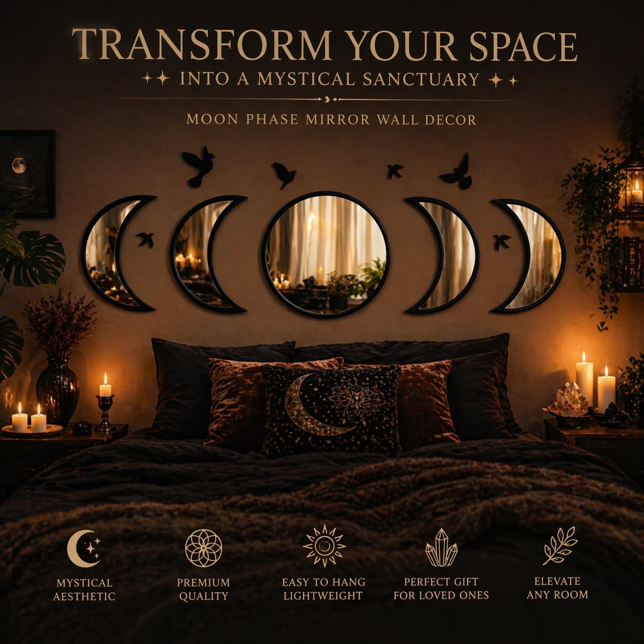 NESHE Moon Phase Mirror Wall Decor Set with Birds | Gothic Witchy Boho Wall Mirror Decor | Scandinavian Aesthetic Home Decor for Bedroom Living Room (Black)