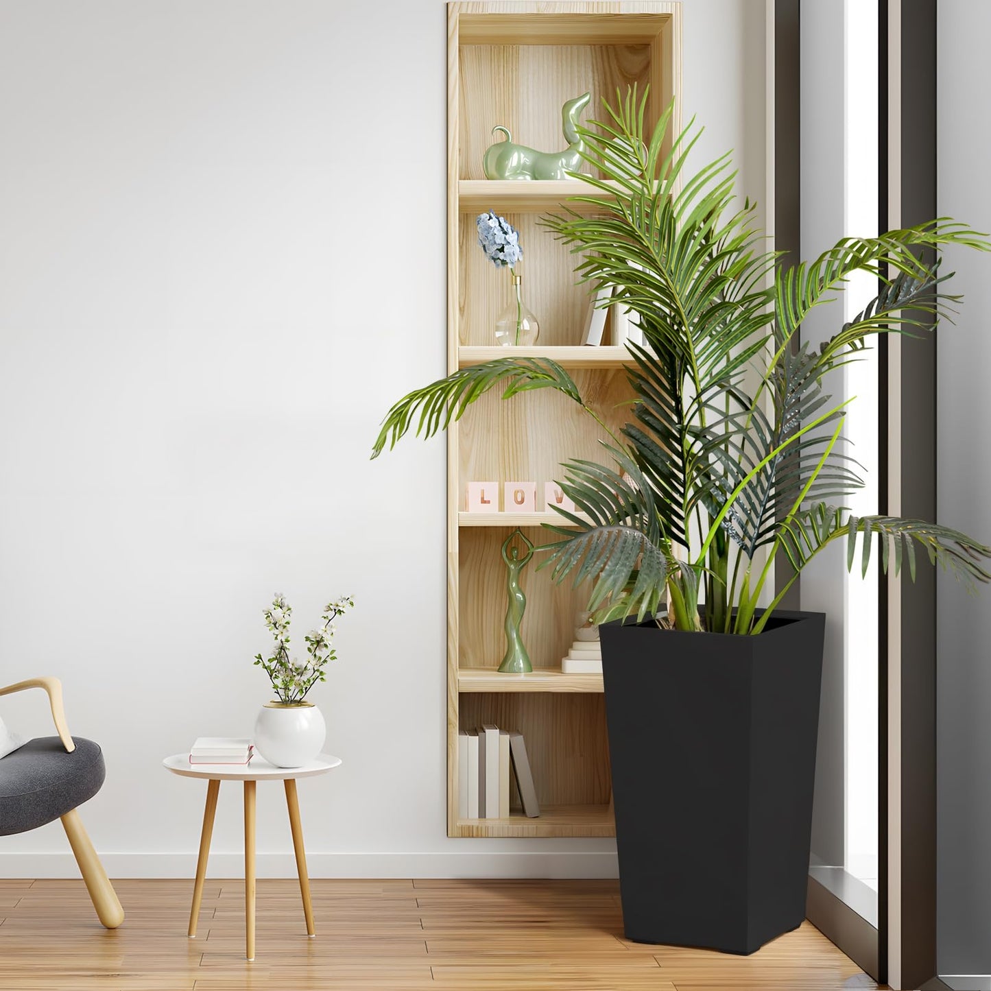 hatleues Resin Tall Planters Set of 2 Tall Flower Pot for Outdoor Indoor Plants, Flower Pots with Water Level Window & Drainage Tray, Dual-Buckle Design for Porch, Balcony, Deck,Modern Decor Black 2