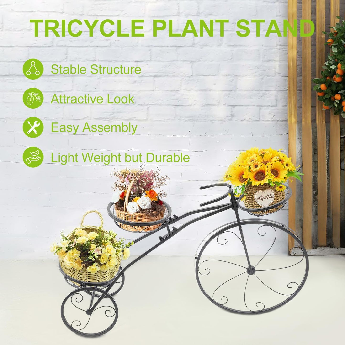 CCXYYFDJ Tricycle Plant Stand, Metal Bicycle Planter with 3 Plant Baskets, 66Lbs Capacity Detachable Bike Flower Pot Cart Holder for Patio Deck Garden Lawn Decorative