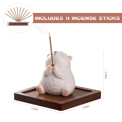 Lionpower Incense Holder for Sticks with Burner & Ash Catcher - Resin Bear, Wooden Tray, 10 Incense Sticks for Meditation Yoga Spa, Cute Home Decor Room Accessories (Bear)