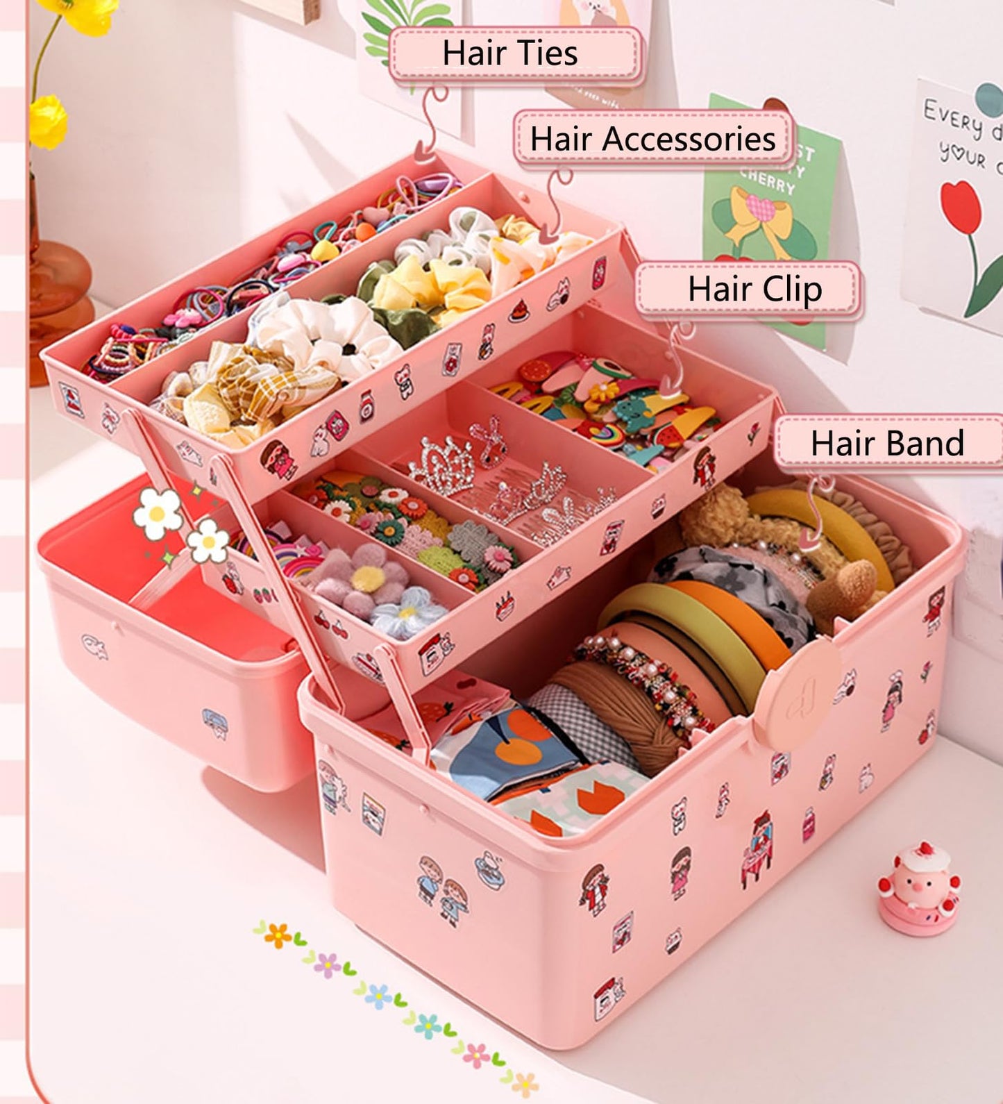 Hair Accessories Organizer for Girls Headbands, Clips, Ties,Baby Girl Supplies, Lockable Three-layer Folding Craft Organizers and Storage Plastic Kids Jewelry Box, Birthday Gifts for Little Girls