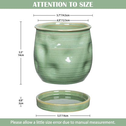 5.7 inch Ceramic Pots for Plants, Plant Pot with Drainage Hole and Saucer Sage Green Ceramic Indoor Planter with Tray Decorative Flower Pots for Succulent, Cactus, Snake Plant, Herb Indoor Outdoor