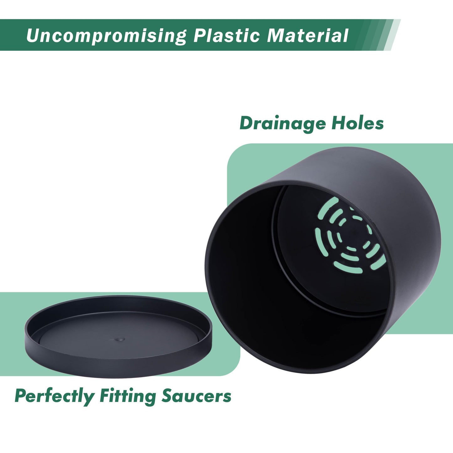 D'vine Dev 2 Pack 8 Inch Modern Plastic Plant Pots, Cylindrical Garden Planters for Plants with Drainage Holes and Saucers, Black, 74-Y-M-1