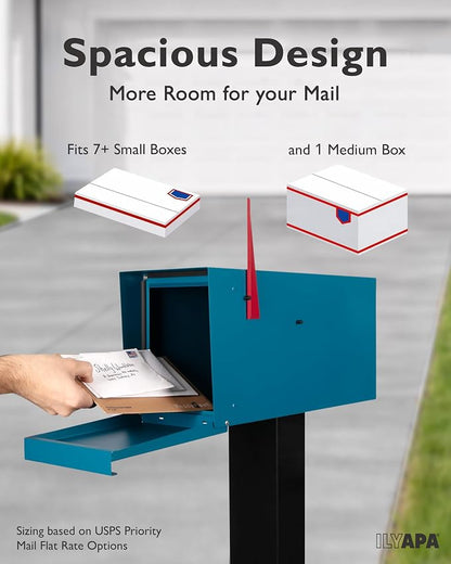 Ilyapa Modern Mailbox for Outside Post Mount - Blue Powder Coated Metal Mailbox, Waterproof Letter Box for Parcels, Recessed Magnetic Close Door