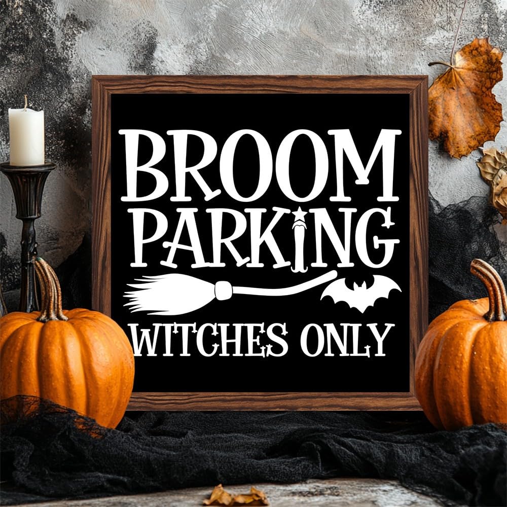 Halloween Broom Parking Only All Others Will Be Toad Wooden Sign, With Frame Witch Broom Plaque Sign for Home Patio, Cafe, Porch Halloween Decor 7.87x7.87 Inch