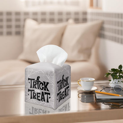 Halloween Trick Or Treat Tissue Box Holder, Spider Web Grey Leather Tissue Box Cover Square, Facial Paper Organizer Dispenser Toilet Paper Holder for Bathroom Kitchen Office Home Decor-A09