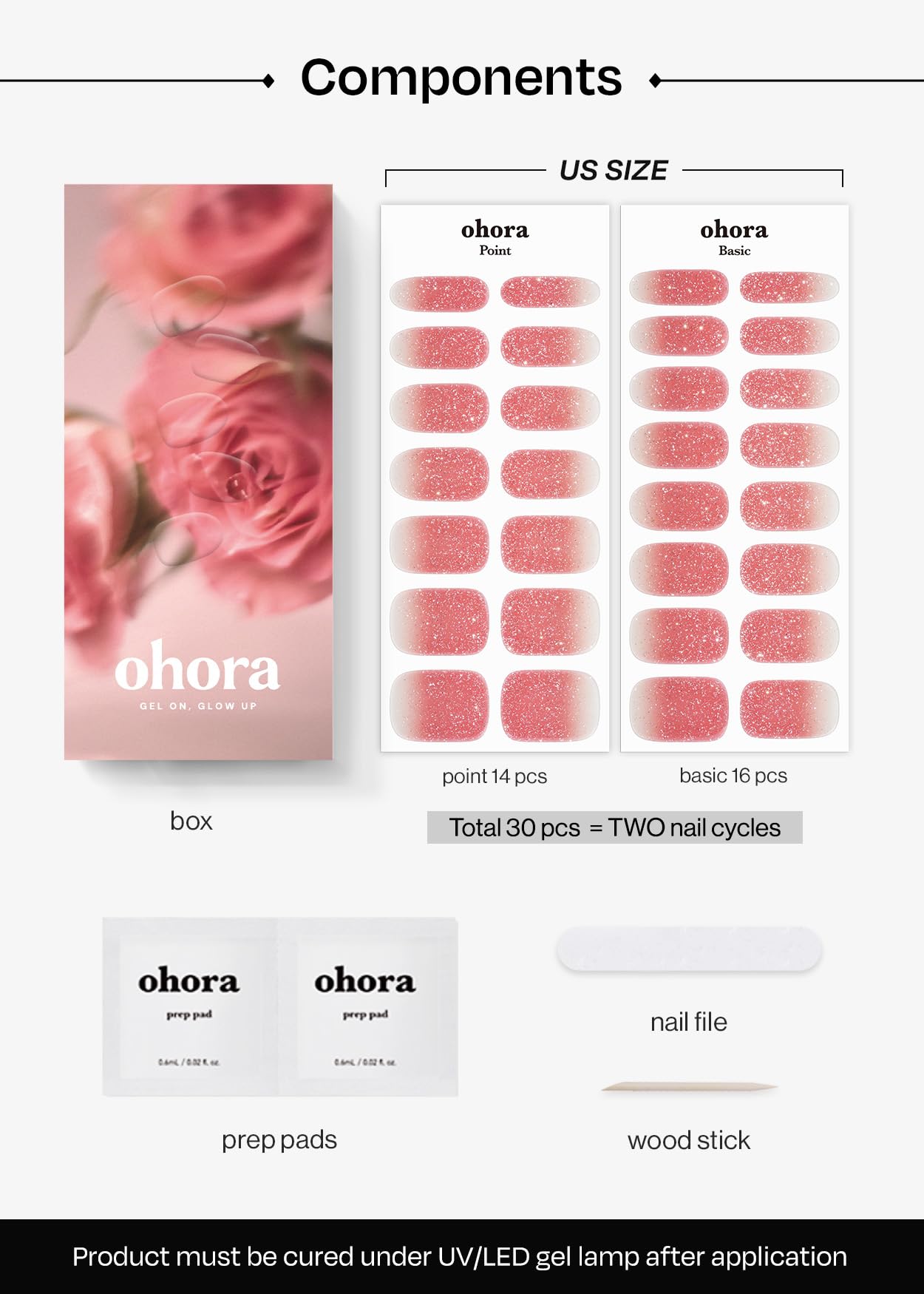 ohora Bundle Set (N Addict Starter Kit) - Red Solid Gel Nail Strips with UV/LED Lamp and Mini Remover, Salon-Quality, Long Lasting, Easy to Apply & Remove - Includes Prep Pads, Nail File, Wooden Stick