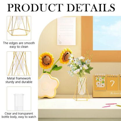 Hyuetrsa 8 Pcs Gold Geometric Vases for Centerpieces, 6.3 Inch Metal Flower Stand with Glass Vase Hydroponic Plant Test Tube Vases Modern Vase for Wedding Home Decor