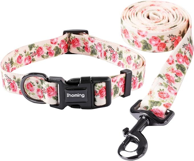 Ihoming Puppy Collar and Leash Set for Daily Outdoor Walking Running Training, Pink Flowers Design for Extra Small Boys Girls Dogs Cats Pets, XS-Up to 10LBS