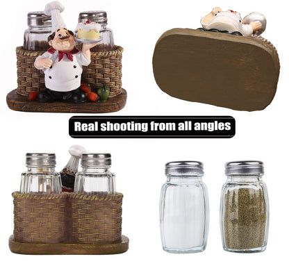 Salt and Pepper Shakers Set,Sitting Chef Decorative Statue Spice Organizer,Glass Spice Jars with Holder Figurine Gift for Family,Kitchen,Restaurant, Cafe,Bakery (Cake)