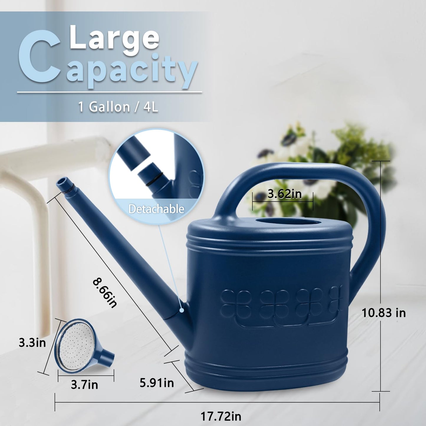 Watering Can for Indoor & Outdoor Plants, Plant Watering Can with Stainless Steel Shower Head, 1 Gallon Plastic Watering Can for Garden, Flowers, Vegetable, Greenhouse (Dark Blue, 1 Gallon)