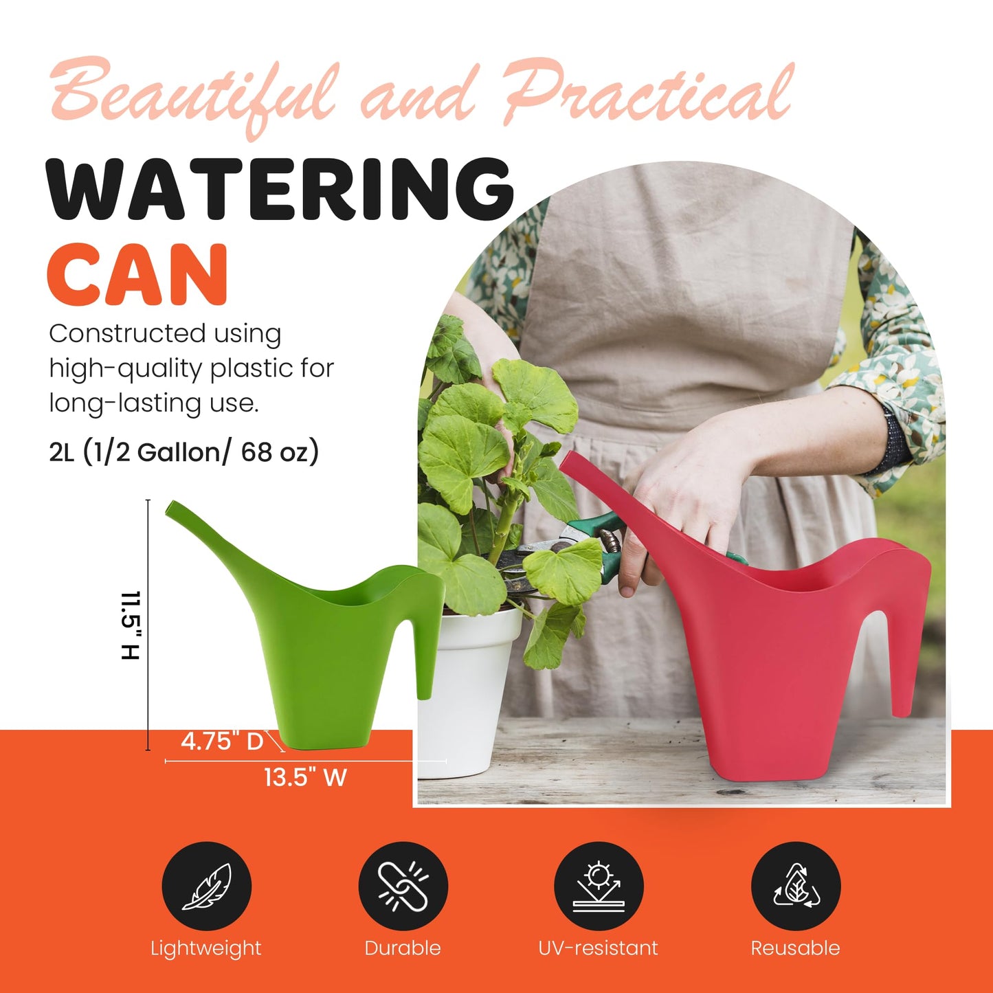 Mintra 1/2 Gallon Plant Watering Can, Long Spout Plastic Water Pitcher for Indoor & Outdoor Use, Durable & Lightweight Water Can for Watering Flowers & Potted Plants, 1 Pack, 2L/68 oz – Lime Green