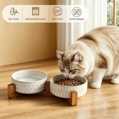 Ceramic Dog Bowl Set with Acacia Wood Stand, 1.5–2 Cups Food & 15oz Water Ceramic Pet Bowls, Lead-Free, Smooth Glaze with Non-Slip Base for Cats and Small Dogs