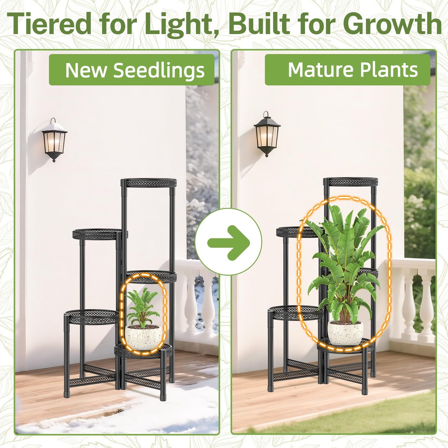 iDavosic.ly Plant Stand Indoor Outdoor, 5 Tier Corner Metal Flower Display Holder Shelf, Folding Tall Orchid Rack for Patio Balcony Porch Garden Living Room House, Wrought Iron - Modern Black