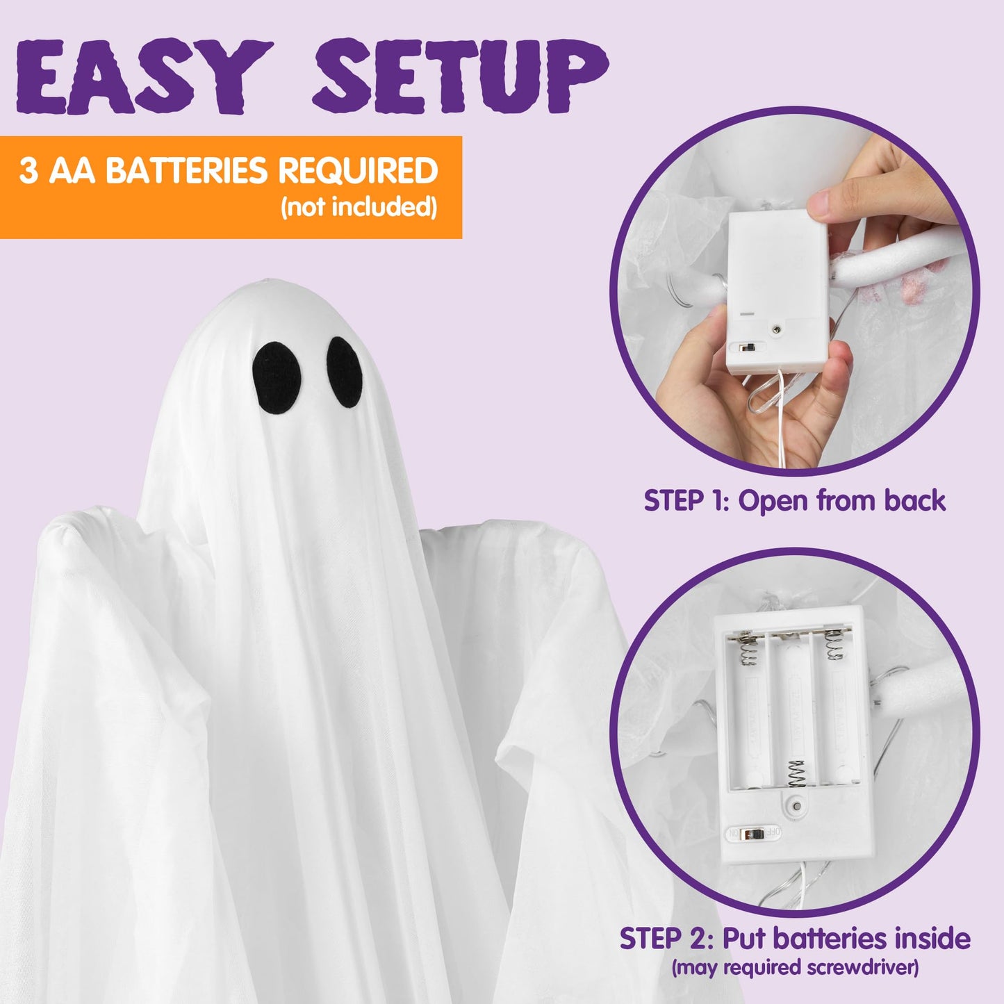 JOYIN Halloween Hanging Light up Ghost with Spooky Warm White LED Light, 47” Halloween Hanging White Ghost Decoration for Front Yard Patio Lawn Garden Party Decor Indoor Outdoor