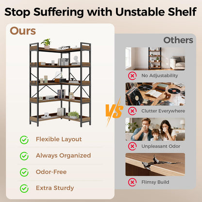 GTPLAYER 5-Tier Corner Bookshelf, L-Shaped Metal Frame Shelf with Tall 14" Shelves, Plant Stand and Storage Rack for Small Spaces, Living Room and Home Office, Rustic Brown