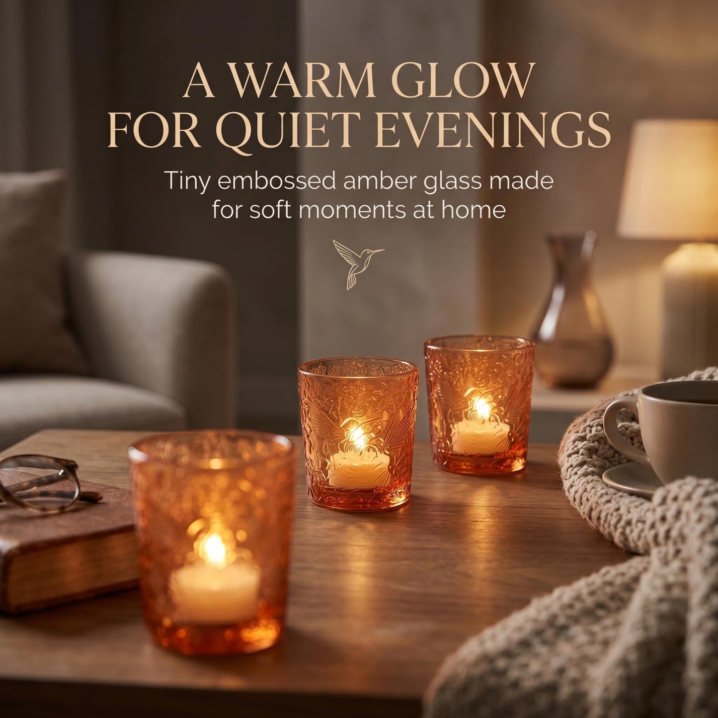 6 Pack Hummingbird Embossed Glass Candle Holders Votive Tealight Holders with Patent Design, Decorative Glass Cups for Wedding Centerpieces, Parties, and Home Decor (Pumpkin Spice)
