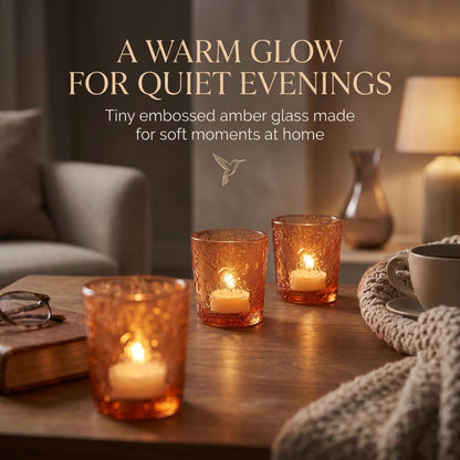 6 Pack Hummingbird Embossed Glass Candle Holders Votive Tealight Holders with Patent Design, Decorative Glass Cups for Wedding Centerpieces, Parties, and Home Decor (Pumpkin Spice)