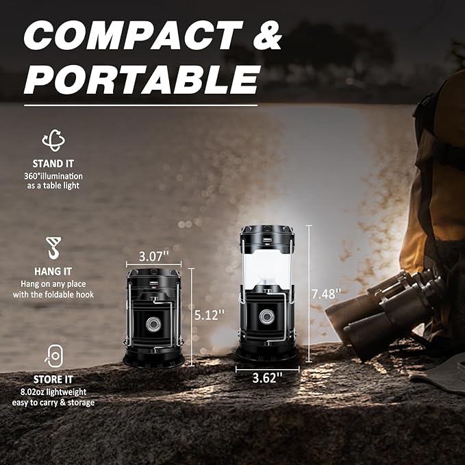 DIBMS 2-Pack Solar Camping Lantern, Collapsible LED Solar USB Rechargeable Lantern Flashlight Emergency Hanging Lights for Camping Hurricanes Power Outages Indoor Outdoor