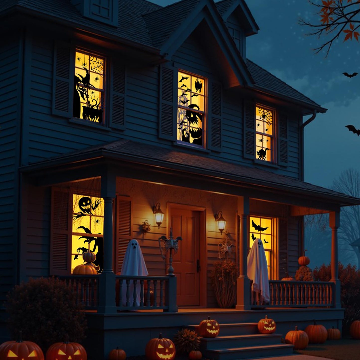 PPRAFDD Extra Large Halloween Window Clings Silhouette Decorations with Scary Witches Giant Spooky Monster Black Cat Bats Spiders Window Decals for Halloween Party (4 Sheets)