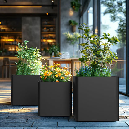 BHCORTEN Large Metal Square Planter 26" L x 26" W x 26" H, Heavy Duty Black Large Outdoor Planters with Drainage Hole for Porch/Patio/Garden
