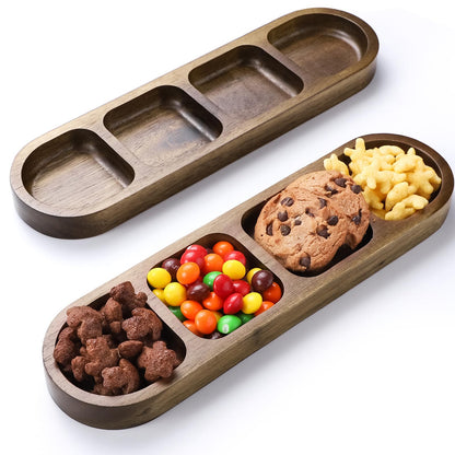 SmileBear 2 Pcs Soy Sauce Dish, Wooden Divided Dip Bowls, Korean 4-Compartment Sauce Plates for Home Restaurant BBQ, Vinegar, Spices, Ketchup, Salt, Sugar, and Flavors