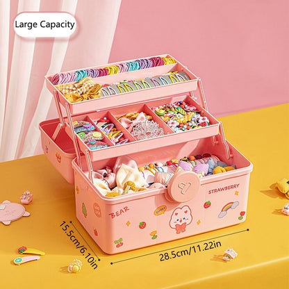 Hair Accessories Organizer for Girls Headbands, Clips, Ties,Baby Girl Supplies, Lockable Three-layer Folding Craft Organizers and Storage Plastic Kids Jewelry Box, Birthday Gifts for Little Girls