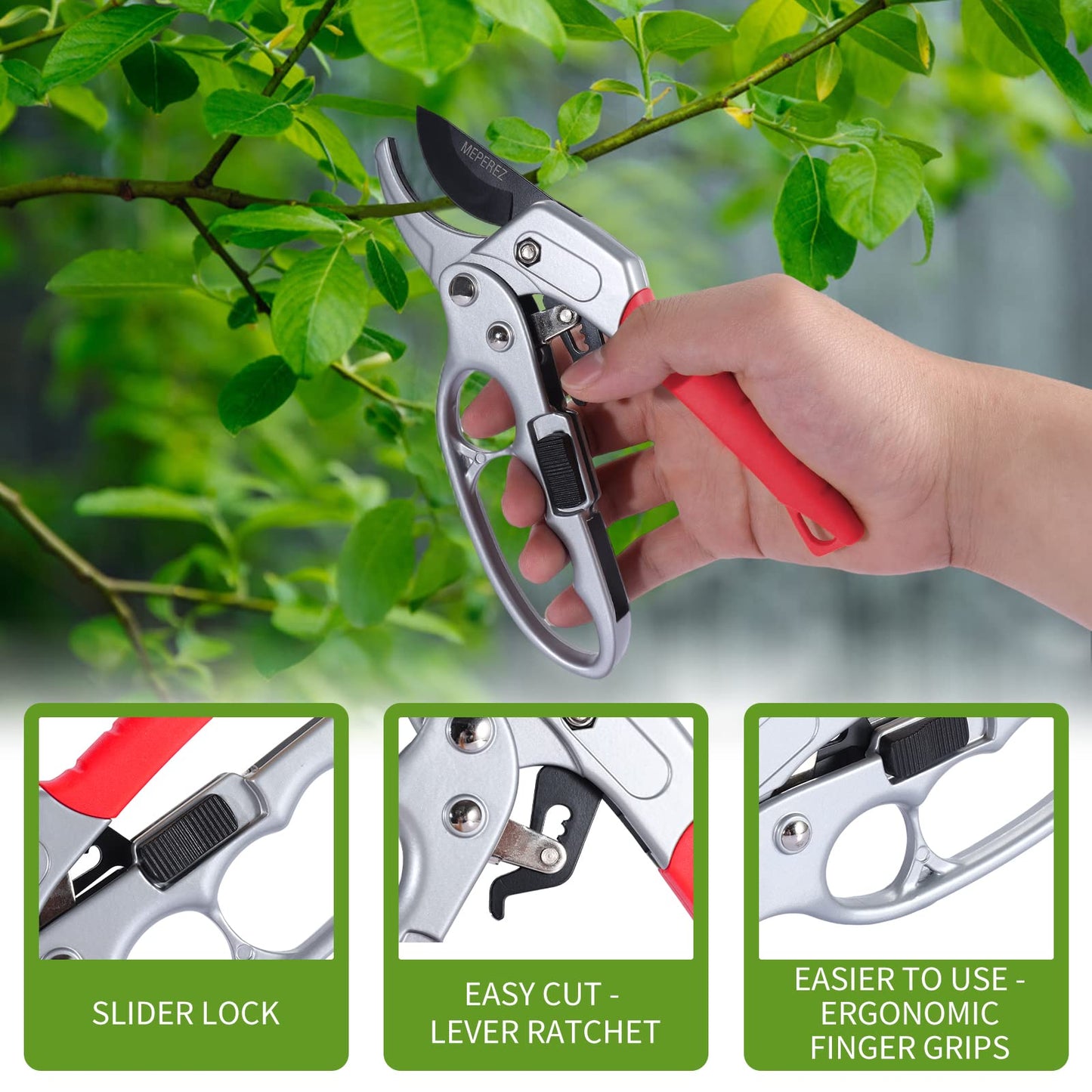MEPEREZ Premium German-Made Pruning Shears – Ergonomic, Heavy-Duty Hand Pruners Designed for Precision Cutting of Plants; Ideal for Gardeners and Individuals with Arthritis or Reduced Hand Strength