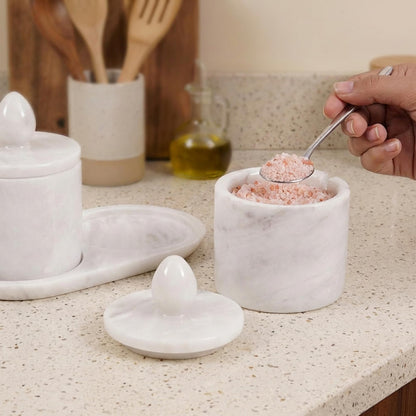 Marble Salt Cellar with Lid and tray 4 Inch White Handmade Salt Container, Set of 2 Seasoning Jars, Spice Storage Containers for Kitchen Countertop, Sugar Bowl