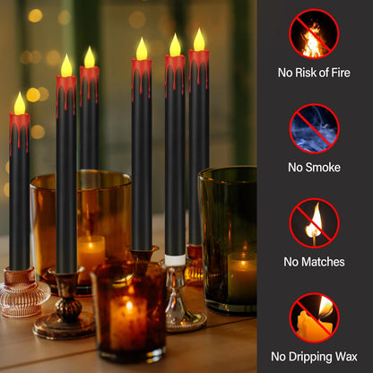wemarry Flameless Taper Candles 10.6" Dripless Battery Operated Taper Candles Included Remote Timer 400+ Hours by 2AA Batteries for Halloween Christmas Wedding (Black+Burgundy, 6 Pack)