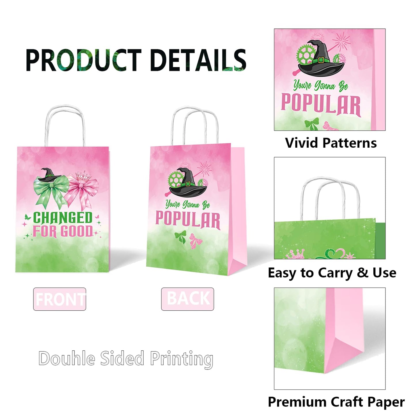 ACUDUDOMA Witch Party Gift Bags 12 Pack, Pink and Green Double-Sided Paper Treat Bags with Handle for Birthday Party Decorations, Princess Theme Halloween Favors & Friendship Exchange Gifts