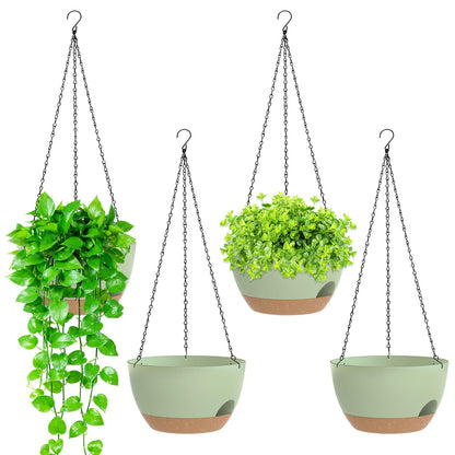 SQKH 8 Inch Hanging Planters for Indoor Outdoor Plants, 4 Pack Green Brown Plastic Self Watering Hanging Baskets with Drainage Holes and Chain for Garden Porch
