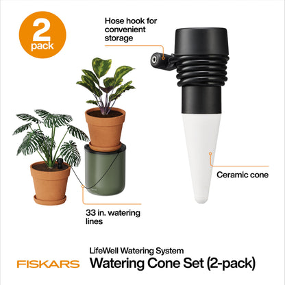 Fiskars LifeWell Watering Cone Set, 2-Pack, Add-On for LifeWell Watering System, Ceramic Cones with 33" Hose