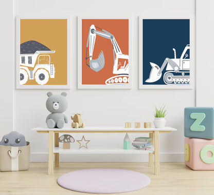 Wavkkey 3 Pcs Construction Truck Nursery Wall Art Excavator Dump Truck Tractor Poster Painting Picture Wall Decor Canvas Print Artwork Kids Room Boys Room Baby Room Home Decoration Unframed