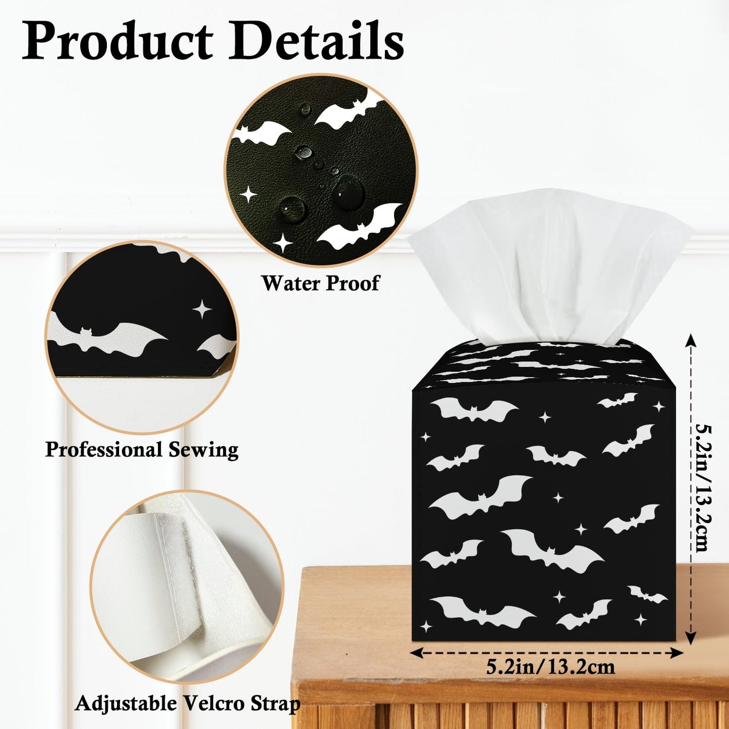Black Bat Tissue Box Covers Square, Leather Tissue Holders Decorative for Home Office Kitchen Bathroom Organizer, Square Facial Paper Organizer Halloween Home Decor -003