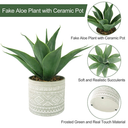 Hisow Artificial Potted Plants, 13.8" Artificial Succulent Fake Aloe, Large Faux Aloe Plant in Pot for Home Office Room Bedroom Kitchen Garden Decor (Grey)