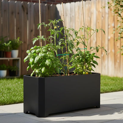 GJWCVL Steel Planter Box-32"x15"x15"-Rectangular Planters for Outdoor Plants, Black Matel Planter Box Raised Support Feet for Patio, Deck, Garden, Yard, Drain Holes, Easy Assembly