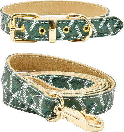 Leather Dog Collar and Leash Set, Check Pattern Dog Collar Leashes Metal Buckle Adjustable Durable for Small Medium Large Dogs (Green, S(11.4-13.4IN))