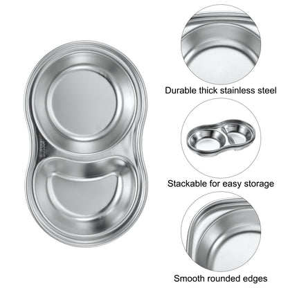 uxcell 6 Pack Stainless Steel Dish Dipping Bowls with 2 Round Compartment Divided, Metal Seasoning Plate Dipping Bowl for Condiment Home Party Restaurant Picnic Travel, Silver