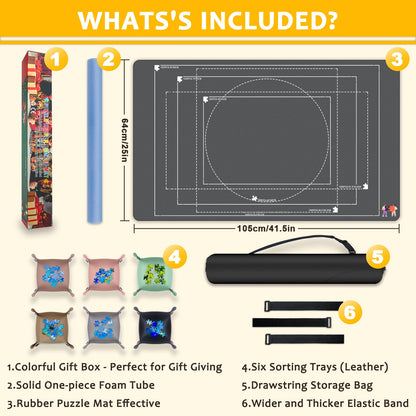 GOECI Puzzle Mat Roll Up with 6 Leather Sorting Trays - 42" x 25" Large Jigsaw Puzzle Saver Mat,Portable Puzzle Keeper for Up to 1500 Pieces,Includes Storage Bag & Foam Tube for Adults