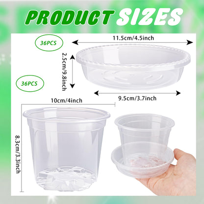 Plukeen 72 Pcs/36 Set 4 Inches Transparent Plastic Flower Pot with Trays Drainage Holes for Small Indoor Plants Seedling Starter Various Plants