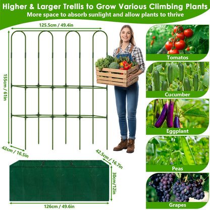 ROADPLUM Cucumber Trellis for Climbing Plants with Grow Bag, 61" Tall Metal U-Frame Garden Trellis for Raised Bed with Garden Netting and Plant Clip Plant Ties for Vegetables, Squash, Pea, Grape