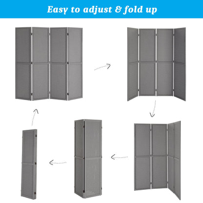 Bonnlo 4 Panel Pegboard Freestanding, 5 FT Portable Display Board Organizer for Craft Show Jewelry, Wooden Folding Privacy Screen Room Divider (with Base, Grey)