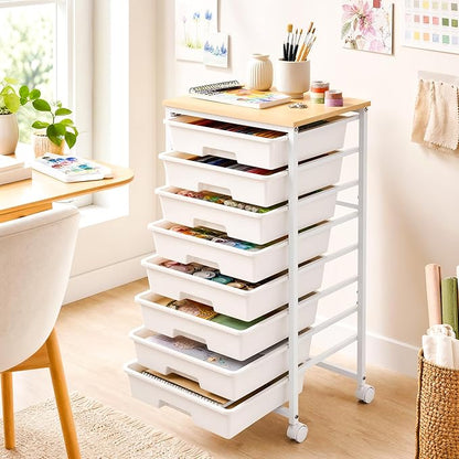 LEHOM Rolling Storage Cart with 8 Drawers, Utility Cart on Wheels with Metal Frame and Wooden Tabletop for Living Room Bedroom Dorm, Office Storage & Art Supply Craft Organizer for Classroom