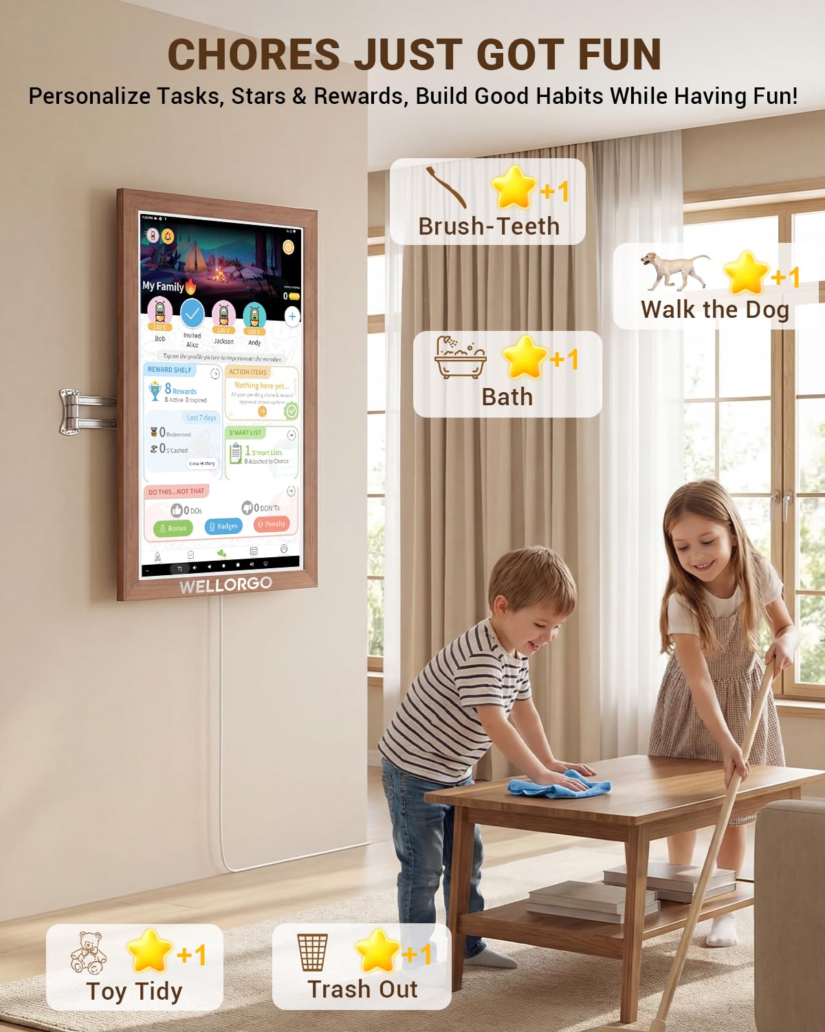 WELLORGO Digital Calendar Touch Screen, 21.5-inch Electronic Calendar for Wall, Smart Digital Planner with Kids' Chores Chart/Meal Plan/Streaming Services/Photo Display, Remote Control Supported