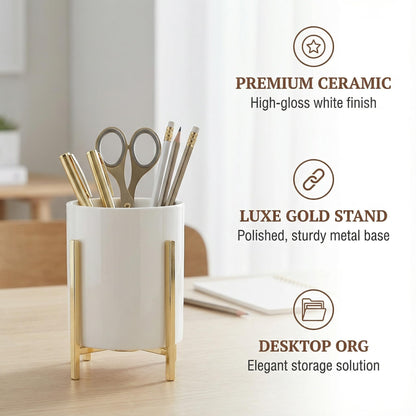 MONOSUGO 4.72" Gold Pen Holder Aesthetic Pencil Holder for Desk, Gold Desk Organizers and Accessories for Women Girls, Ceramic Pen Holder for Office