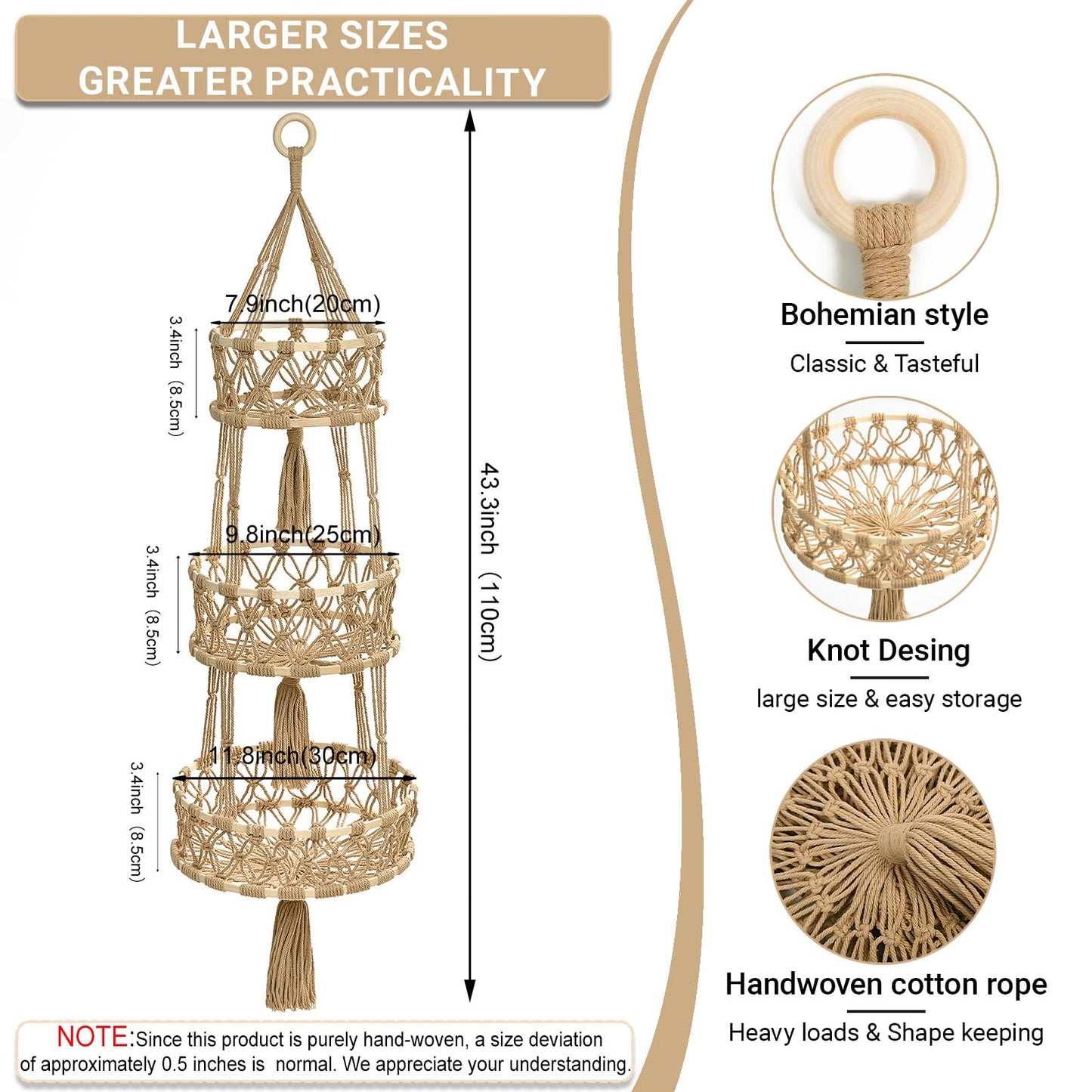 Halidali 3 Tier Hanging Fruit Baskets for Kitchen, Macrame Plant Hanger Cotton Rope Handwoven Hammock Produce Storage Organizer Basket for Plants Holder, Vegetable, Onion, Potato (Linen)