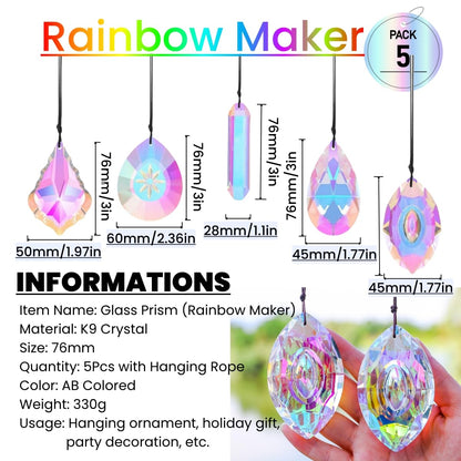 5Pcs 3-inch Crystal Sun Catcher Prisms for Windows Garden Patio,AB Colored Hanging Suncatchers with Glass Prism Rainbow Maker Ideal