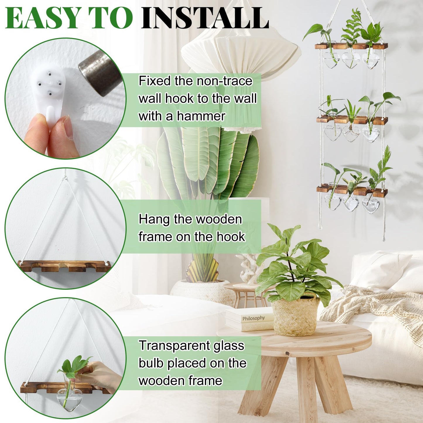 Leinuosen Wall Hanging Plant Propagation Stations Mother Gifts for Her Plant Lovers 3 Tiered 9 Heart Shaped Glass Vases Terrarium with Wooden Stand for Hydroponics Indoor Garden Home Decor(Clear)