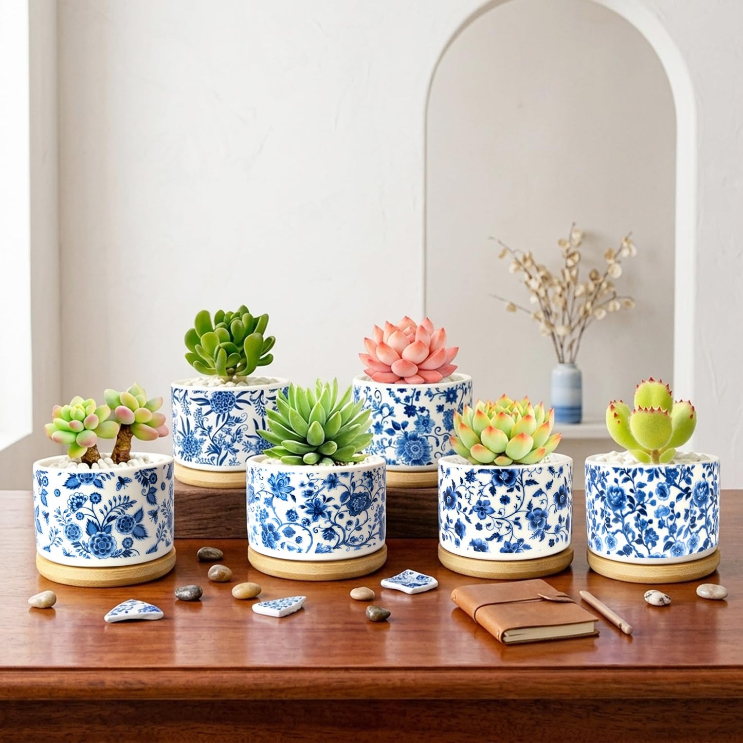 celamos Succulent Pots 6 Pack, Small Flower Pots with Drainage Bamboo Tray, Succulent Pots for Indoor Plants, Cactus Pots and Planters, Decorative Small Pots for Home Office
